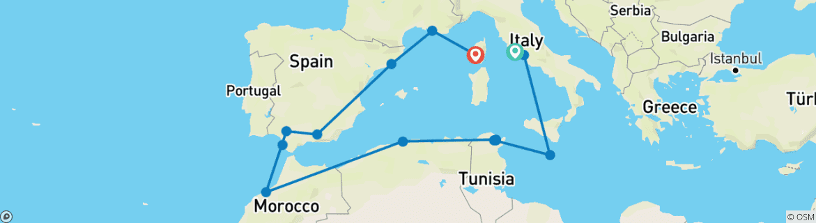 Image of a map showing the route of the tour