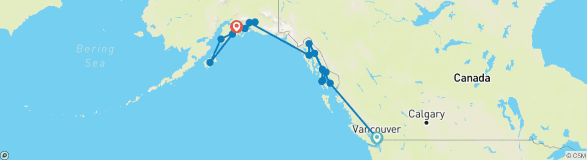 Image of a map showing the route of the tour