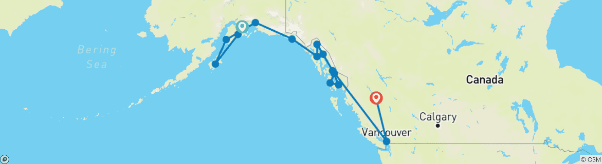 Image of a map showing the route of the tour