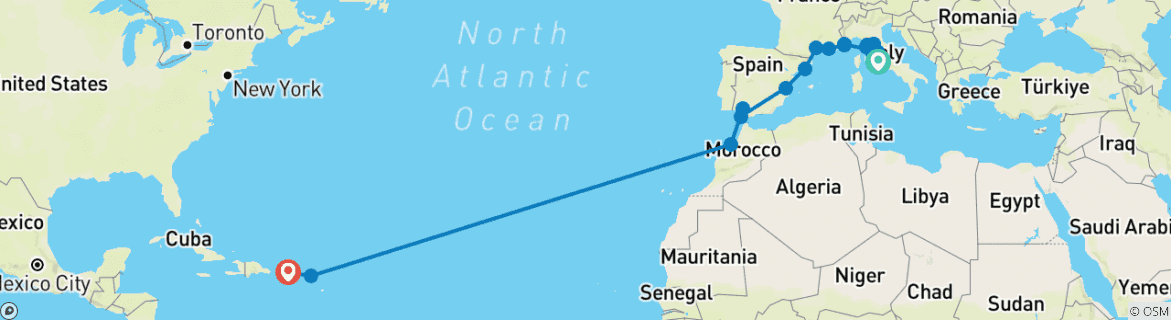 Image of a map showing the route of the tour