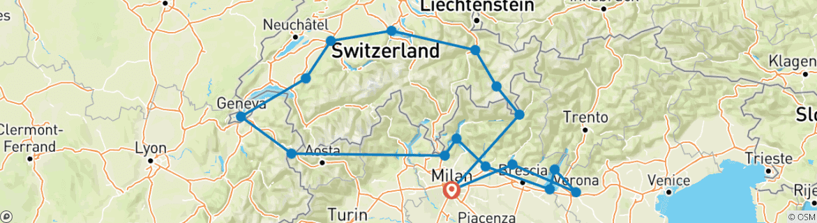 Mapa de Circuito de 7 días por Suiza y los lagos del norte