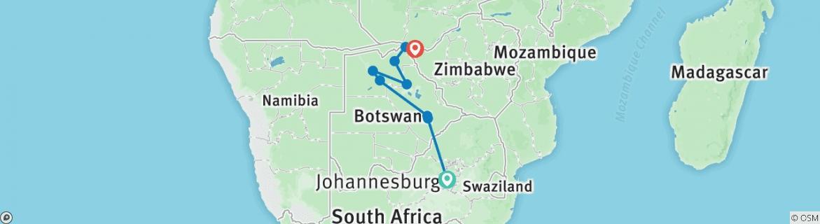 Carte du circuit Botswana et Falls Overland: Promenades dans la nature et safaris en voiture