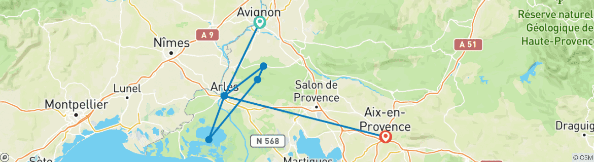 Image of a map showing the route of the tour