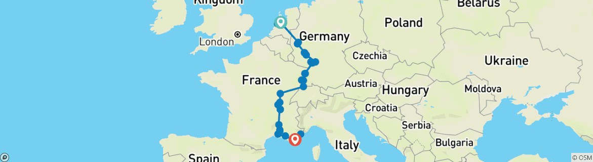 Image of a map showing the route of the tour