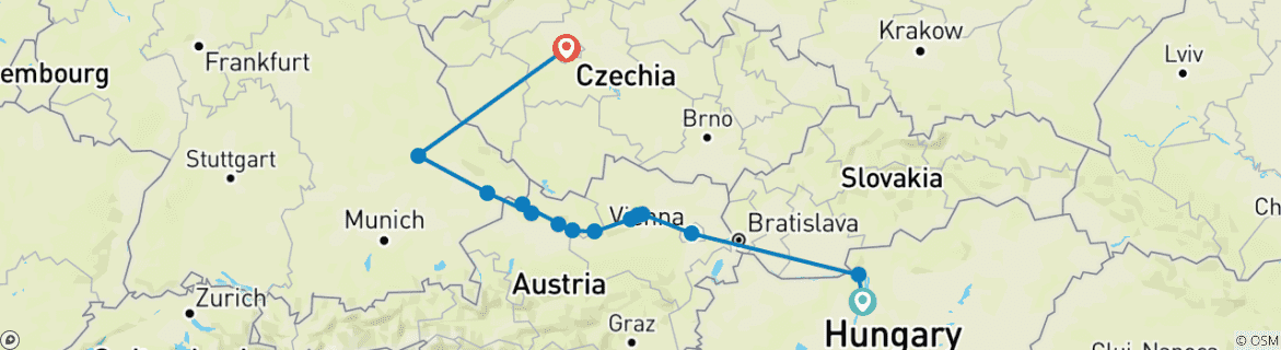 Mapa de Viaje activo y de descubrimiento por el Danubio con 1 noche en Budapest y 2 noches en Praga (en dirección oeste) 2028