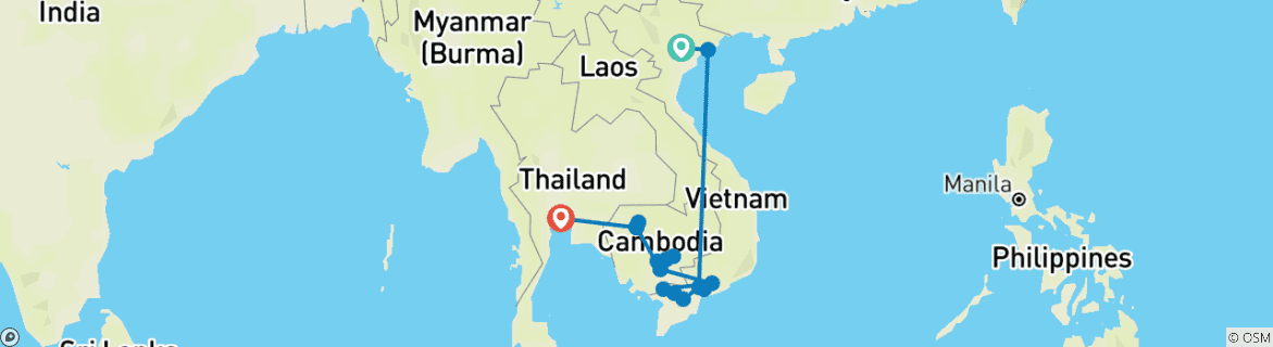 Image of a map showing the route of the tour