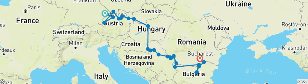 Image of a map showing the route of the tour