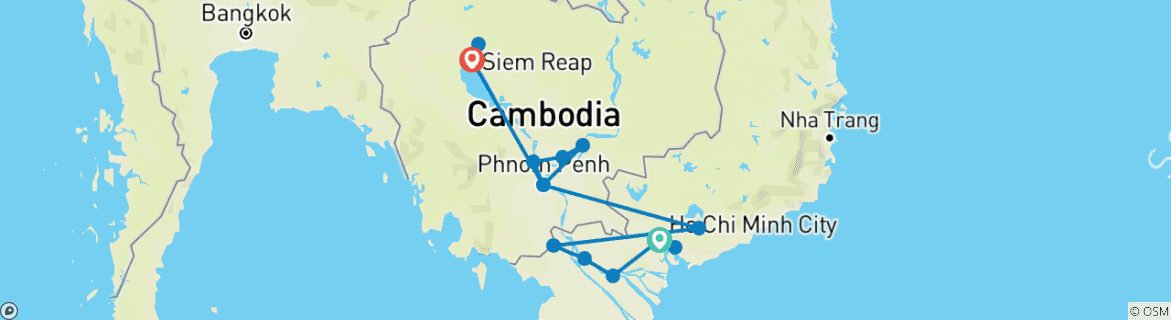 Image of a map showing the route of the tour