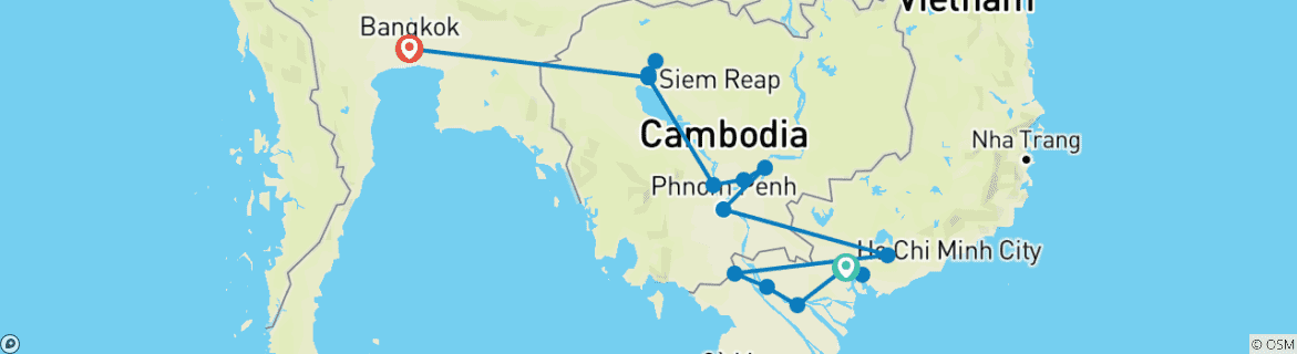 Image of a map showing the route of the tour