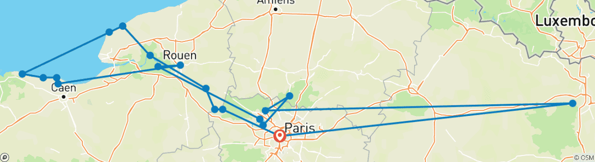 Image of a map showing the route of the tour