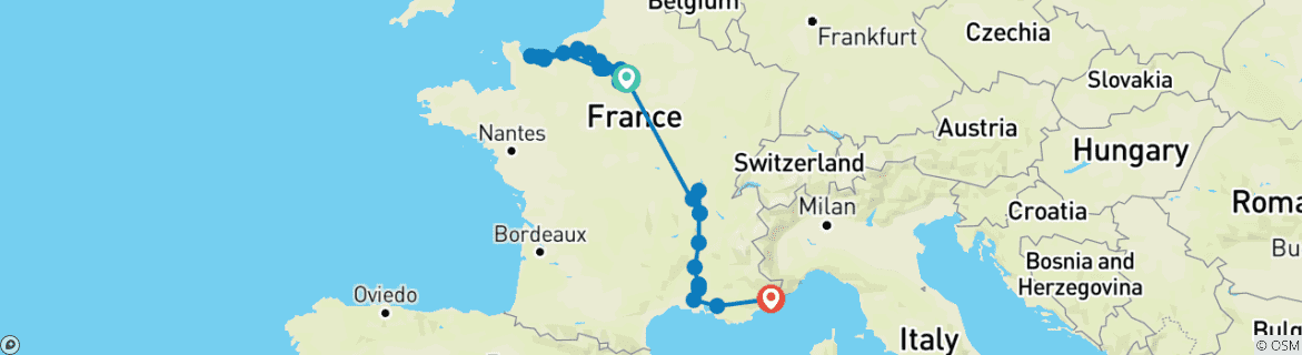 Carte du circuit La France à découvrir : la Seine et le Rhône, avec 2 nuits sur la Côte d'Azur pour les amateurs de vin 2028