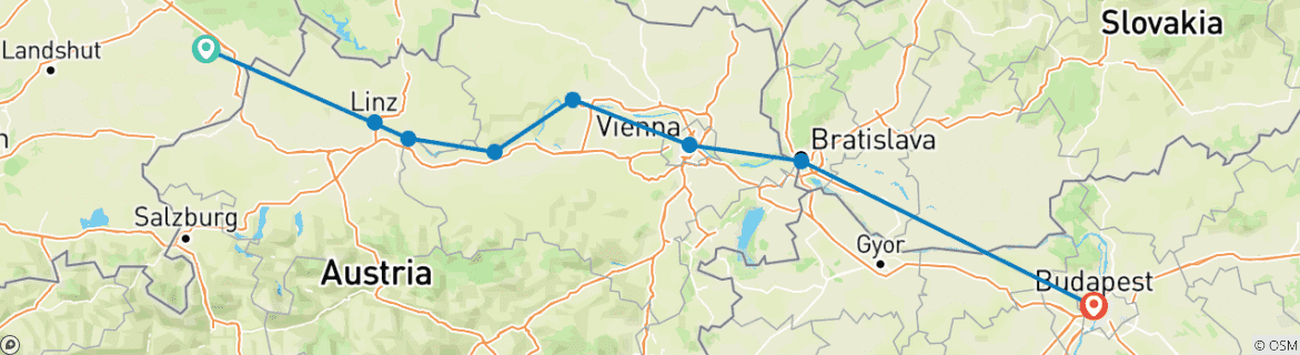 Image of a map showing the route of the tour