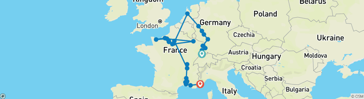 Carte du circuit Chef-d'œuvre européen : Le Rhin, la Seine et le Rhône dévoilés avec 2 nuits sur la Côte d'Azur