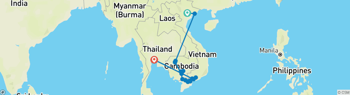 Image of a map showing the route of the tour