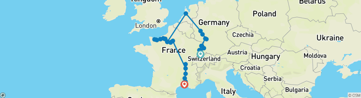 Carte du circuit Chef-d'œuvre européen : le Rhin, la Seine et le Rhône dévoilés