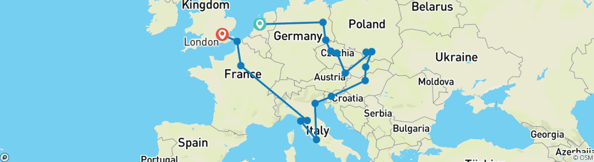 Image of a map showing the route of the tour