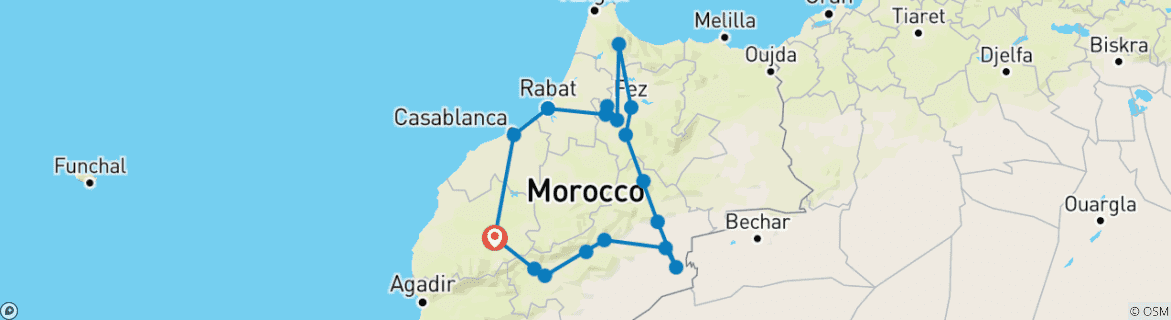 Image of a map showing the route of the tour