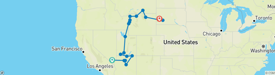Image of a map showing the route of the tour