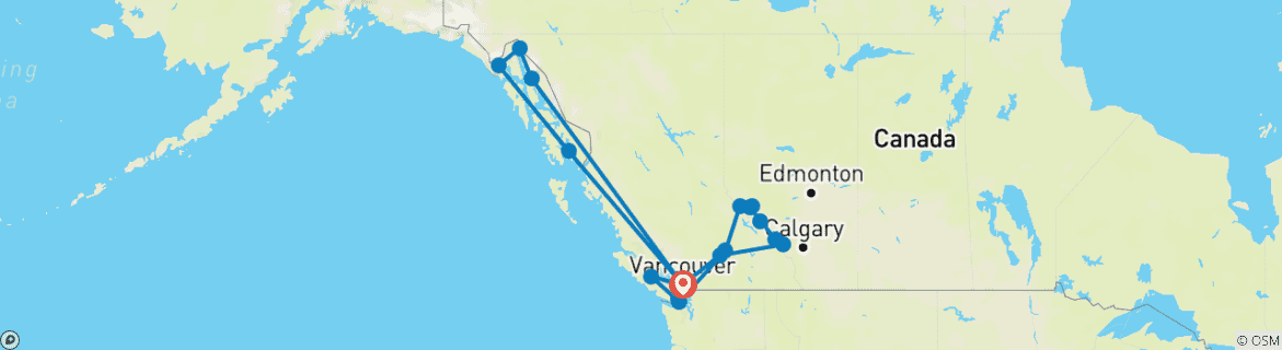 Image of a map showing the route of the tour