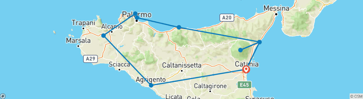 Image of a map showing the route of the tour