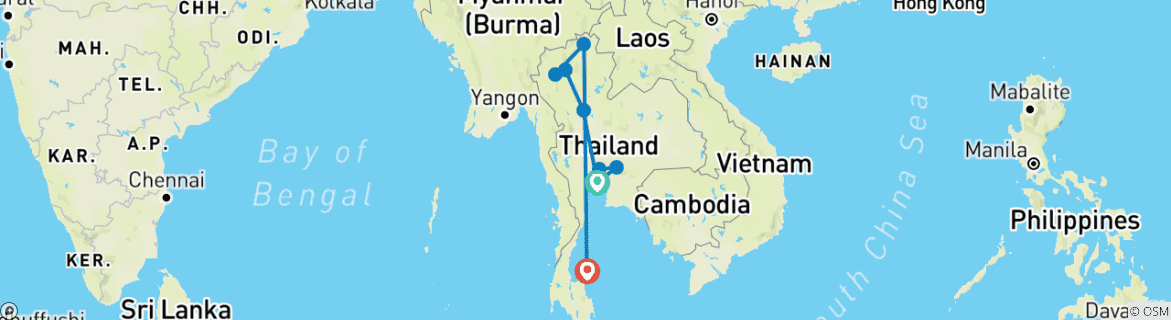 Mapa de Un recorrido por Tailandia lleno de cultura, naturaleza y el encanto de la costa: de Bangkok a Koh Phangan