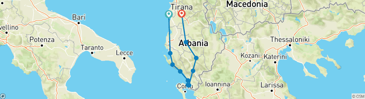 Mapa de Viaje por carretera por el sur de Albania