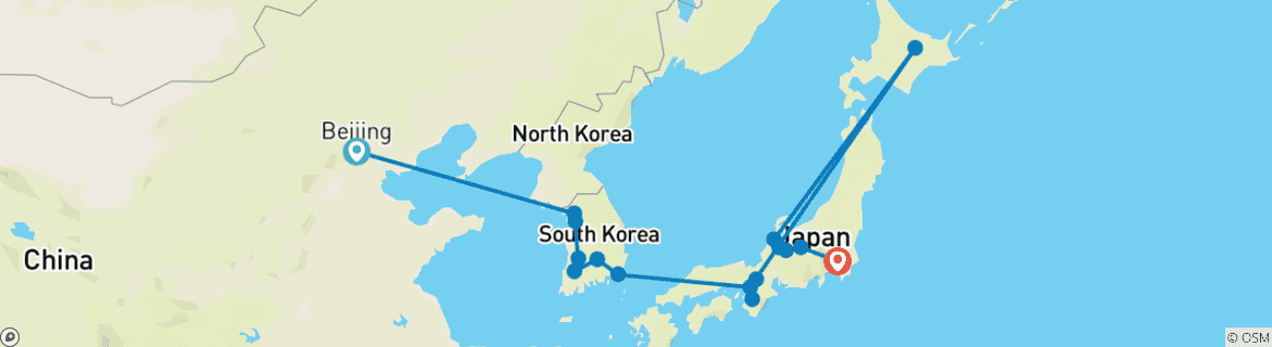 Image of a map showing the route of the tour