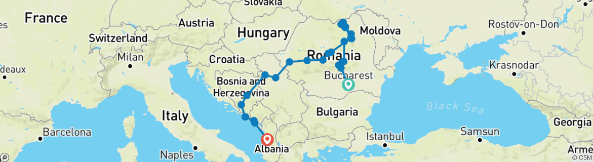 Image of a map showing the route of the tour