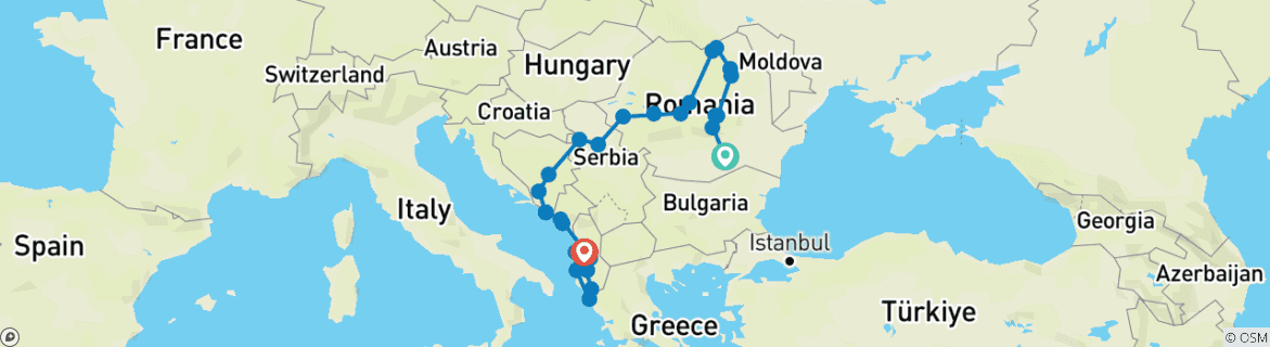 Image of a map showing the route of the tour