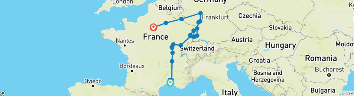 Image of a map showing the route of the tour