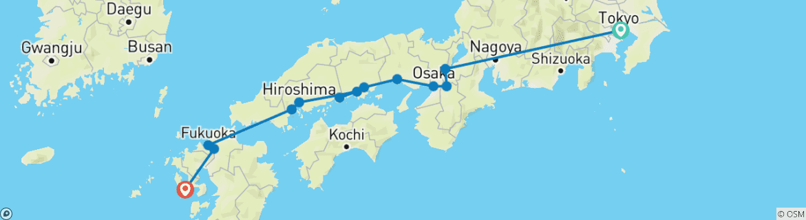 Image of a map showing the route of the tour