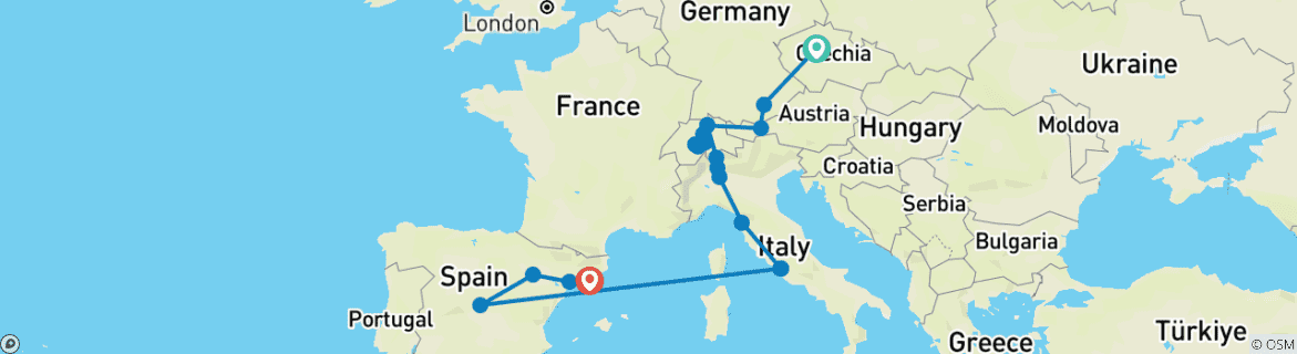 Image of a map showing the route of the tour