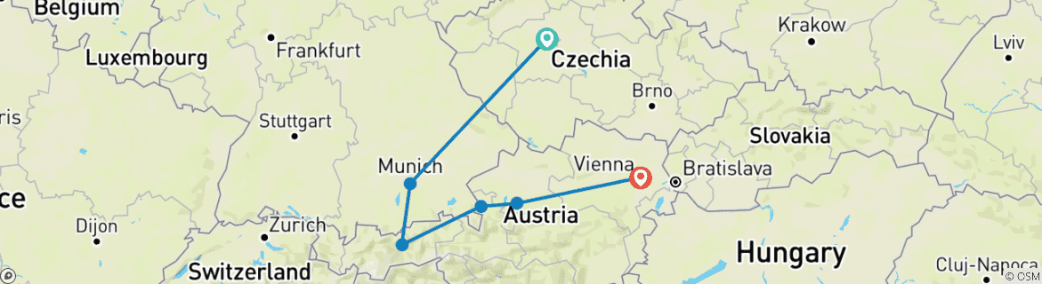 Kaart van Praag, München en Oostenrijk (6 bestemmingen)