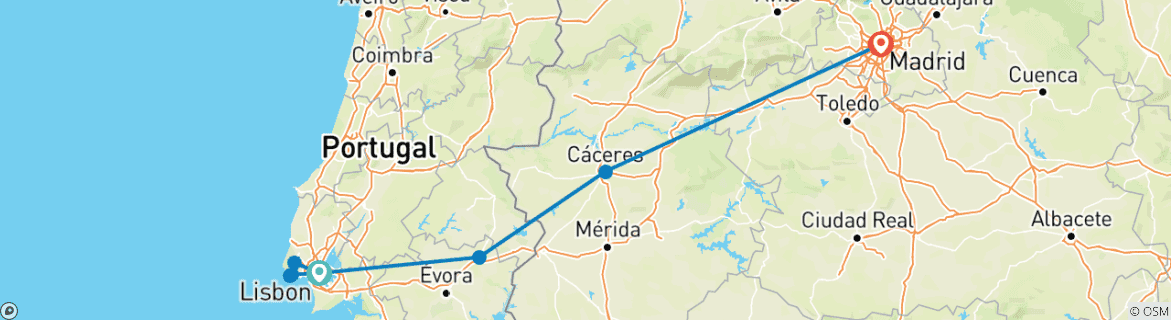 Image of a map showing the route of the tour