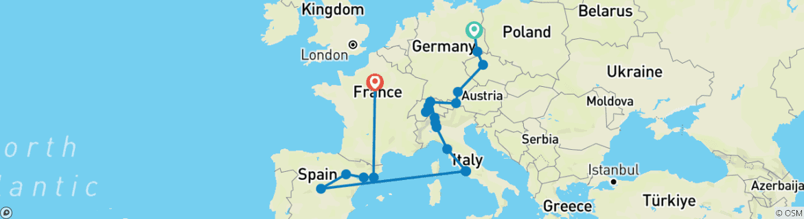 Image of a map showing the route of the tour