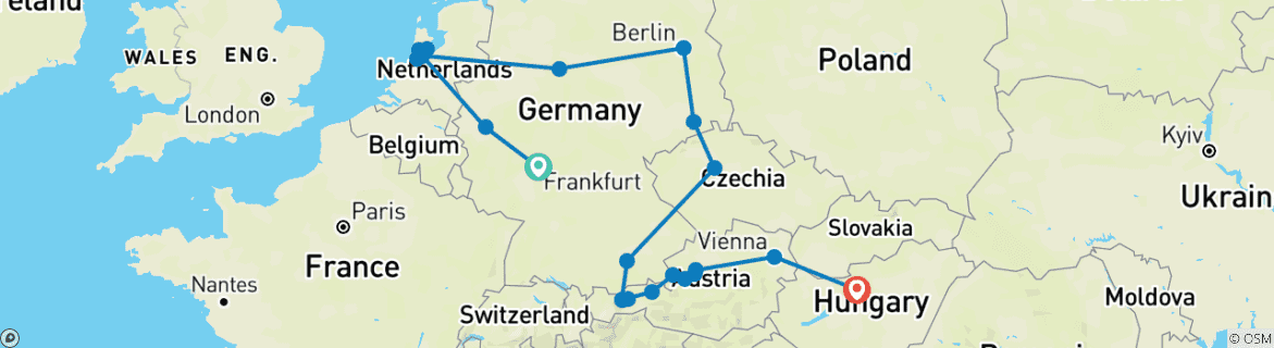 Carte du circuit De Francfort à Budapest (en passant par Wattens)