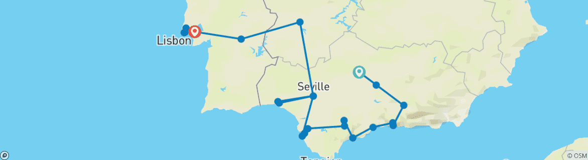 Carte du circuit L'Andalousie à l'état pur, avec arrivée à Lisbonne (de Cordoue à Lisbonne)