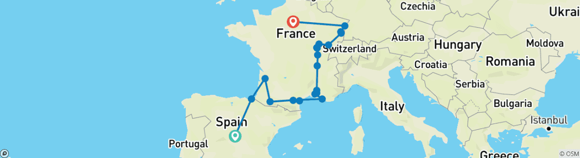 Image of a map showing the route of the tour