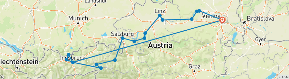 Image of a map showing the route of the tour