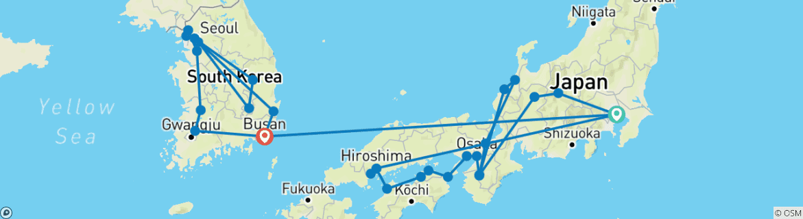Image of a map showing the route of the tour