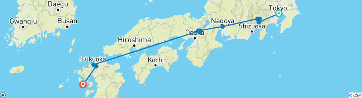 Image of a map showing the route of the tour