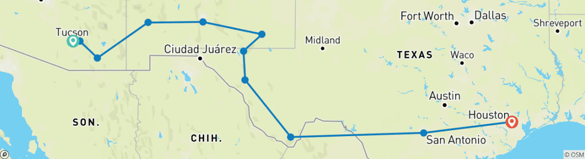 Image of a map showing the route of the tour