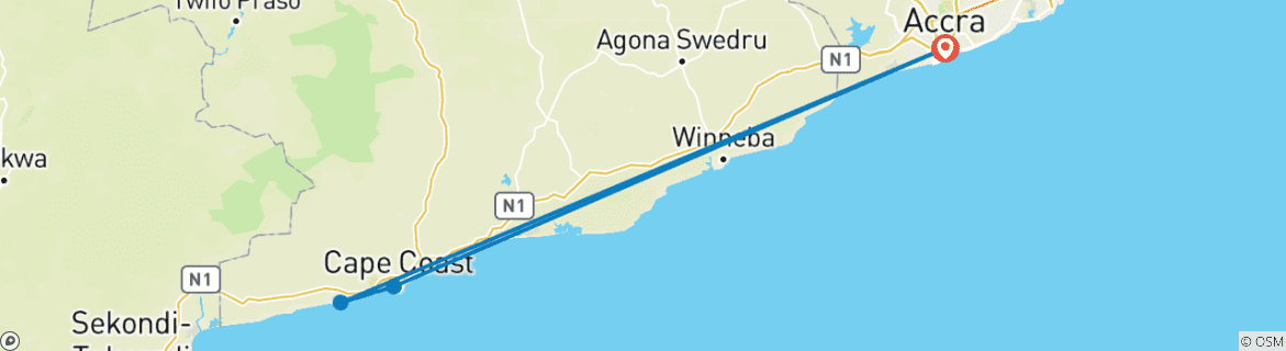 Image of a map showing the route of the tour