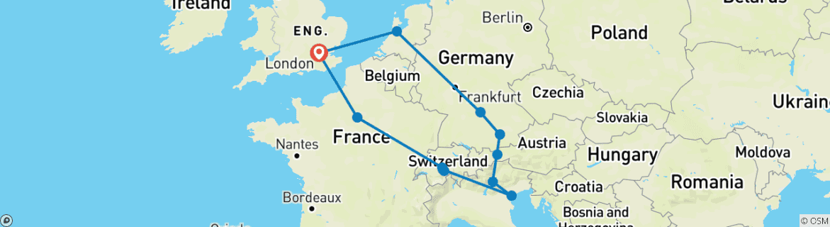 Image of a map showing the route of the tour