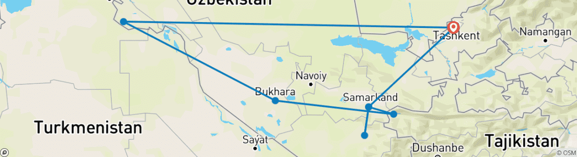 Image of a map showing the route of the tour