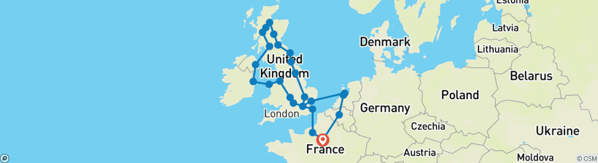 Image of a map showing the route of the tour