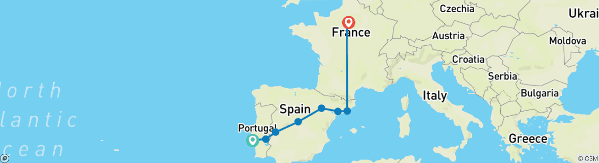 Image of a map showing the route of the tour