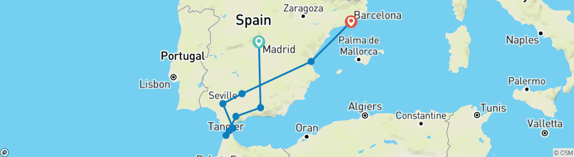 Image of a map showing the route of the tour