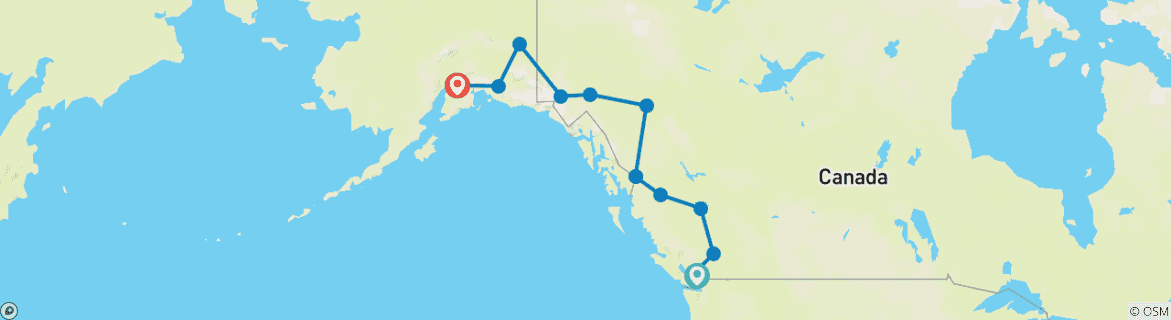 Image of a map showing the route of the tour
