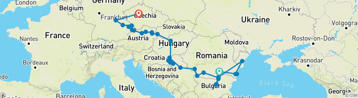 Image of a map showing the route of the tour